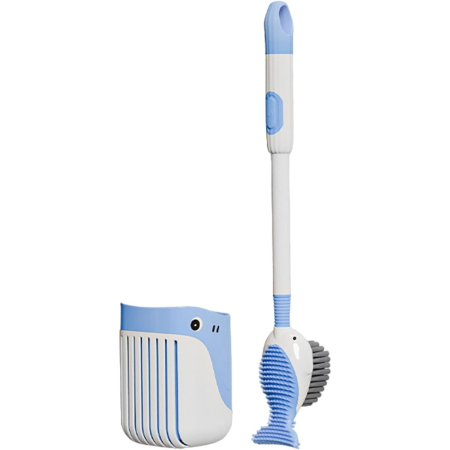 Pentru Casa si Camping - Perie de Toaleta, Flippy, cu Suport de Perete, Recipient Detergent, 2 Tipuri de Perii, Model Balena, Albastru