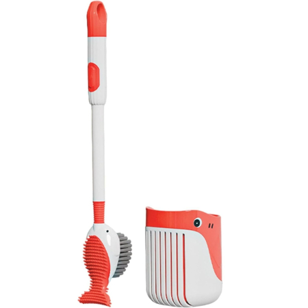 Pentru Casa si Camping - Perie de Toaleta, Flippy, cu Suport de Perete, Recipient Detergent, 2 Tipuri de Perii, Model Balena, Rosu