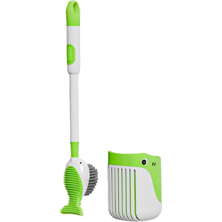 Pentru Casa si Camping - Perie de Toaleta, Flippy, cu Suport de Perete, Recipient Detergent, 2 Tipuri de Perii, Model Balena, Verde