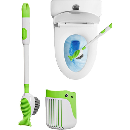 Perie de Toaleta, Flippy, cu Suport de Perete, Recipient Detergent, 2 Tipuri de Perii, Model Balena, Verde [5]