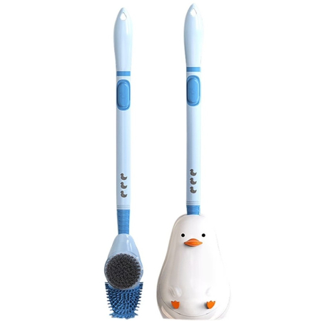 Pentru Casa si Camping - Perie de Toaleta, Flippy, cu Suport de Perete, Recipient Detergent, 2 Tipuri de Perii, Model Rata, Albastru