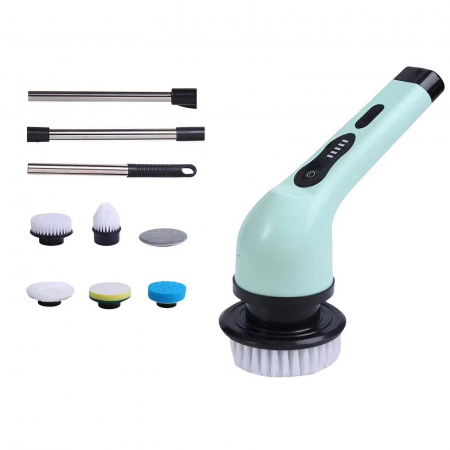 Pentru Casa si Camping - Perie Electrica de Curatare, Flippy, pentru Gresie, Baie, Bucatarie, 25x20x9.5 cm, cu 6 Capete, Maner Extensibil Detasabil 84-127cm, Incarcare USB-Type C, Rotire 360 de Grade, 3000 mAh, Culoare: Verde