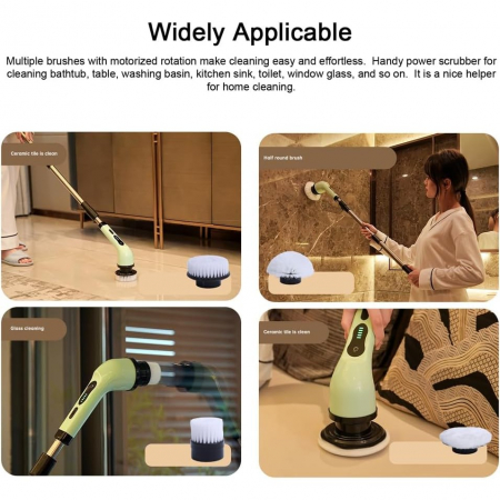 Perie Electrica de Curatare, Flippy, pentru Gresie, Baie, Bucatarie, 25x20x9.5 cm, cu 6 Capete, Maner Extensibil Detasabil 84-127cm, Incarcare USB-Type C, Rotire 360 de Grade, 3000 mAh, Culoare: Verde [6]