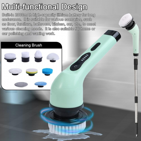 Perie Electrica de Curatare, Flippy, pentru Gresie, Baie, Bucatarie, 25x20x9.5 cm, cu 9 Capete, Maner Extensibil Detasabil 84-127cm, Incarcare USB-Type C, Rotire 360 de Grade, 3000 mAh, Culoare: Verde [4]
