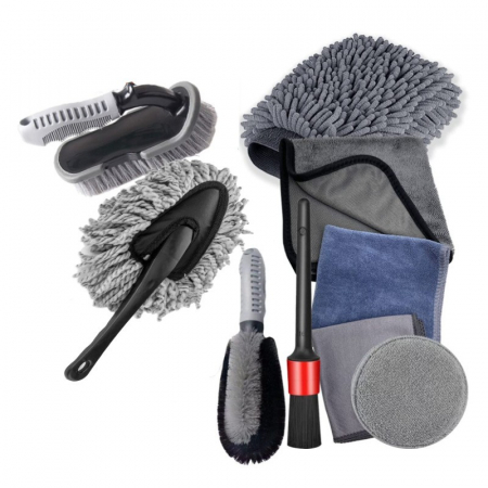 Pentru Casa si Camping - Set 9 Piese pentru Spalat Auto, Flippy, din Plastic si Microfibra, Perii si Lavete, Model A, Gri