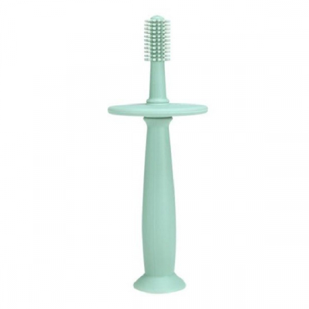 Sub 99 Lei - Lichidare Periuta de Dinti din Silicon pentru Bebelusi, Flippy, fara BPA, 360 Grade, Bariera Anti-Inghitire, Maner Ergonomic, 12.5 x 15 cm, Turcoaz