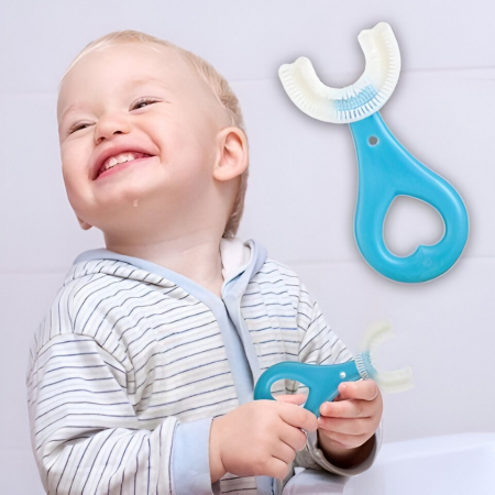 Periuta de Dinti in Forma de U, Flippy, pentru Sugari si Copii 2-6 ani, Peri Moi, 9 cm, Model Inima, Culoare Albastru [2]