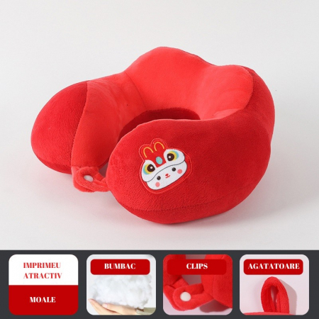 Perna de Calatorie, Flippy, Pentru Gat si Cap, Umplutura din Bumbac, 28x28x10 cm, cu Model Brodat Iepure, Rosu [1]