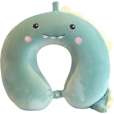 Genți de voiaj & genți - LICHIDARE Perna de Calatorie in Forma de U, Flippy, Pentru Gat si Cap, Umplutura din Spuma cu Memorie, 30x30 cm, Model Dinozaur, Accesoriu de Voiaj, Birou, Masina, Sistem Prindere Capse, Verde