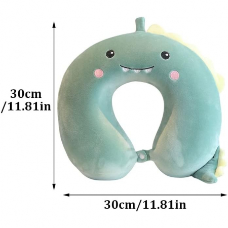 * LICHIDARE STOC * Perna de Calatorie in Forma de U, Flippy, Pentru Gat si Cap, Umplutura din Spuma cu Memorie, 30x30 cm, Model Dinozaur, Accesoriu de Voiaj, Birou, Masina, Sistem Prindere Capse, Verd [1]