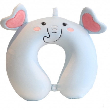 Genți de voiaj & genți - Lichidare Perna de Calatorie in Forma de U, Flippy, Pentru Gat si Cap, Umplutura din Spuma cu Memorie, 30x30 cm, Model Elefant, Accesoriu de Voiaj, Birou, Masina, Sistem Prindere Capse, Albastru