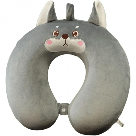 Genți de voiaj & genți - Perna de Calatorie in Forma de U, Flippy, Pentru Gat si Cap, Umplutura din Spuma cu Memorie, 30x30 cm, Model Husky, Accesoriu de Voiaj, Birou, Masina, Sistem Prindere Capse, Gri