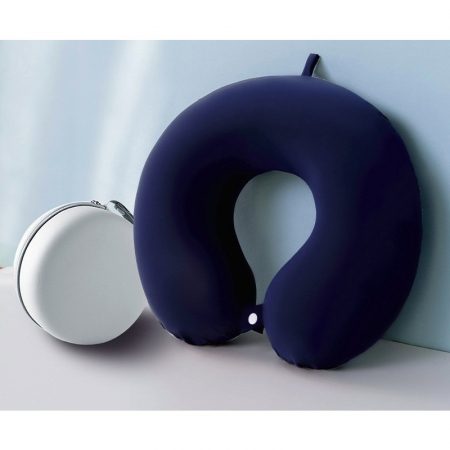 Lichidare Perna de Calatorie in Forma de U, Flippy, Pentru Gat si Cap, Umplutura din Spuma cu Memorie, 30x30 cm, Sistem Prindere Capse, Cutie de Depozitare, Albastru Marin [1]