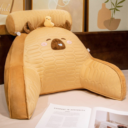 Genți de voiaj & genți - Perna Multifunctionala, Flippy, Spatar pentru Pat, Protectie Lombara, Marime Medie, 60 x 40 cm, din Latex, Model Capybara cu Ratusca in Cap, Maro deschis