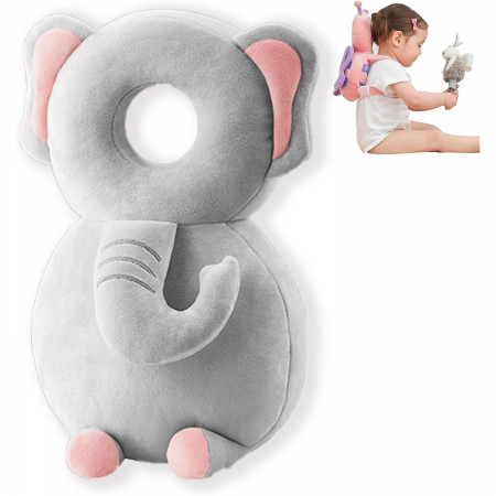 Perna tip Rucsac pentru Protectia Capului, Flippy, Tetiera tip Elefant de Plus, pentru Bebelusi, 33x6x19 cm, 180 g, Gri [12]