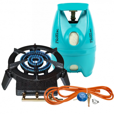 Pirostrie rotunda din fonta Sarra, 3 picioare, 2 arzatoare, negru, butelie 5 L si Kit gpl 2 m, ceas si coliere