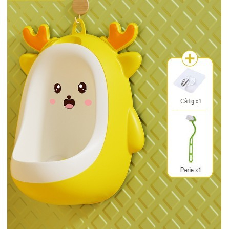 Pisoar pentru Baieti, Flippy, 0-8 Ani, in Forma de Cerb, Perie Inclusa, Montare pe Perete, Carlig Autoadeziv Inclus, 29.8 x 23.8 cm, Galben [4]