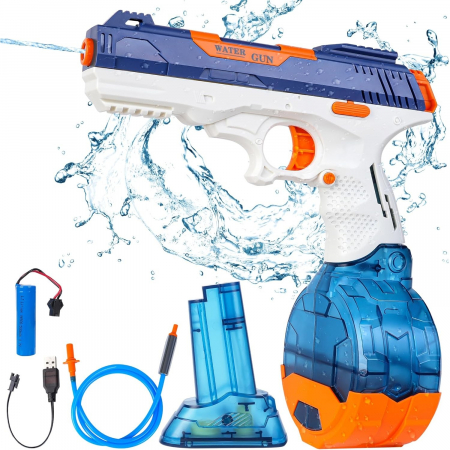 Jucarii, Copii & Bebe - Pistol cu Apa Electric, Flippy, 2 Rezervoare 75/350 ml, din ABS+Silicon, Baterie, Incarcare USB, Conectare la Furtun, +6 Ani, Albastru