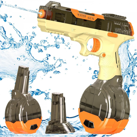 Jucarii, Copii & Bebe - Pistol cu Apa Electric, Flippy, 2 Rezervoare 75/350 ml, din ABS+Silicon, Baterie, Incarcare USB, Conectare la Furtun, +6 Ani, Maro