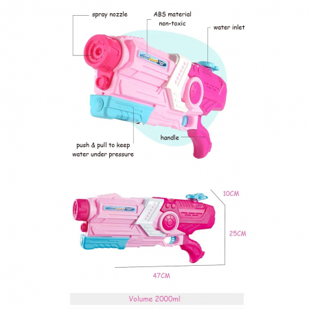 Pistol cu Apa pentru Copii, Rezervor, Pentru Piscina/Plaja, Flippy, 6ani+, Roz, 2000ML [2]