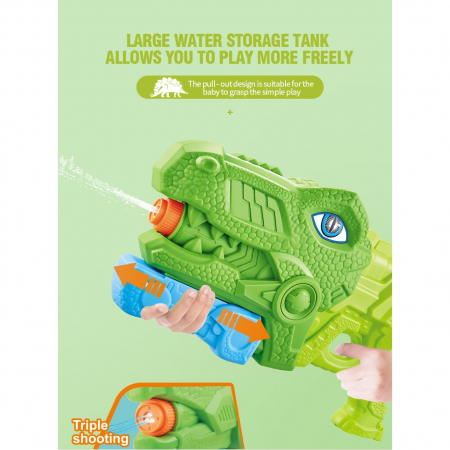 Pistol cu Apa pentru Copii, Rezervor, Pentru Piscina/Plaja, Flippy, 6ani+, Tiranozaur, 3 duze, Verde, 660ML [4]