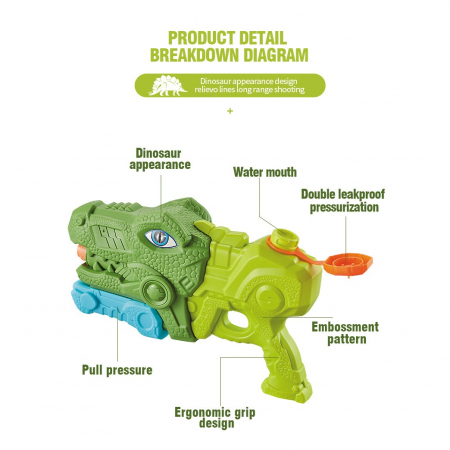 Pistol cu Apa pentru Copii, Rezervor, Pentru Piscina/Plaja, Flippy, 6ani+, Tiranozaur, 3 duze, Verde, 660ML [2]