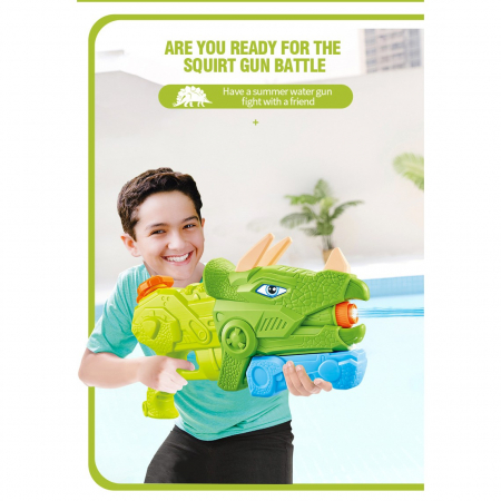 Pistol cu Apa pentru Copii, Rezervor, Pentru Piscina/Plaja, Flippy, 6ani+, Triceratops, 3 duze, Verde, 640ML [2]