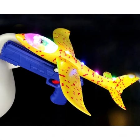 Jucarii si Jocuri - Pistol cu Lansator de Avion, Flippy, din Polistiren+Plastic, +3 Ani, Avion 38 cm, Lansare 10 m, cu Lumini si Roti, Galben/Albastru
