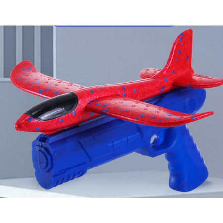 Jucarii, Copii & Bebe - Pistol cu Lansator de Avion, Flippy, din Polistiren+Plastic, +3 Ani, Avion 38 cm, Lansare 10 m, Albastru/Rosu
