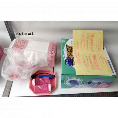 Pistol pentru Baloane de Sapun, Flippy, 69 de Gauri, Lumini Colorate, Tavita, Lichid, Baterie de Li, Cablu de Incarcare, 24cm x 14cm x 24cm, Roz [1]