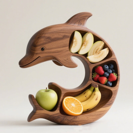 Platou pentru Servire, Flippy, in Forma de Delfin, 4 Compartimente pentru Mezeluri, Branzeturi, Snacksuri, Fructe, Design Artistic, din Lemn Masiv, 26 x 25 x 4 cm, Maro Natur [1]
