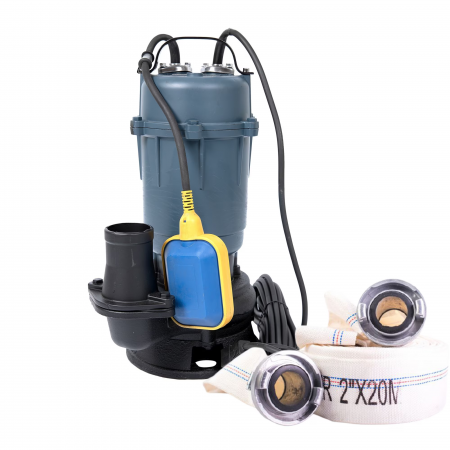 Pompe apa menajera cu si fara tocator - Pompa apa murdara din fonta cu plutitor Eurotec, 3000 W, 10 mc/h, 20 m refulare + Furtun cu capete 2" 20 M