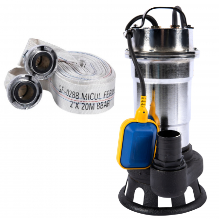 Pompe apa menajera cu si fara tocator - Pompa apa murdara inox SWP-750-50F 3.1KW cu plutitor PU208, 20 m, 25 mc/ora + Furtun 20m cu capete