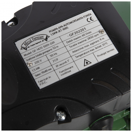 Pompa de apa autoamorsanta din fonta, 1,5kW 9/50m 3600l/h 1", aspiratie 9 m, refulare 53 m [6]