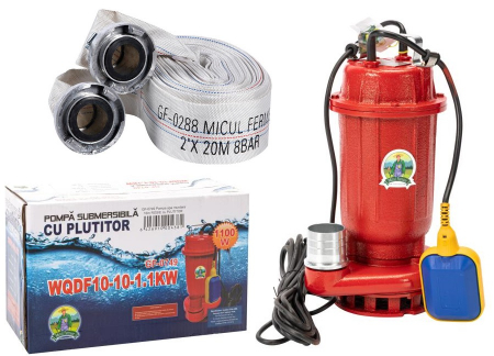 Pompe apa menajera cu si fara tocator - Pompa de apa murdara din fonta, rosie WQD cu plutitor 1.1 Kw, 2800 rpm, 16m 250 l/min + Furtun 20m cu capete