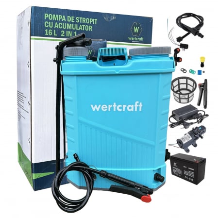 Pompe, motopompe, sisteme de irigat si stropit - Pompa de stropit cu acumulator & manuala, 2 in 1 Wertcraft 16 L, 12 V, 2.3 MPA, Complet accesorizata