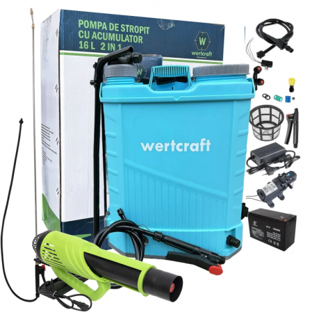 Pompe de stropit cu acumulator - Pompa de stropit cu acumulator & manuala, 2 in 1 Wertcraft 16 L, 12 V, 2.3 MPA + Atomizor + Lance extensibila 2.8 m