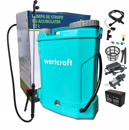 Sub 99 Lei - Pompa de stropit WertCraft 12 L cu acumulator, duze si regulator de presiune inclus, 8 ah, 2.6l/min, 5.5 bar