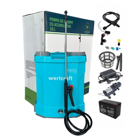 Sub 99 Lei - Pompa de stropit WertCraft 16L cu acumulator, duze si regulator de presiune inclus, 8 ah, 2.6l/min, 5.5 bar