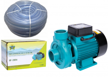 Pompe, motopompe, sisteme de irigat si stropit - Pompa de suprafata din fonta DK 1.1KW 1.5" 16m 180l/min, 2850 rot/min, aspiratie 7 m, refulare 16 m + Furtun cu insertie 1" 50m