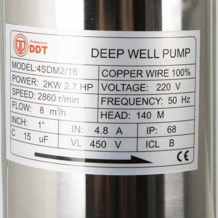 Pompa submersibila de mare adancime, DDT 16 turbine 4SDM2-16, 2000 W, 140 m inaltime, 8 mc/h, 1.5" [1]