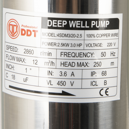 *Profi* Pompa submersibila de mare adancime, DDT 20 turbine 4SDM3-20, 2500 W, 250 m inaltime, 12 mc/h, 1.25", 30 m cablu [1]