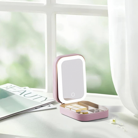 * LICHIDARE STOC * Portfard, Flippy, Geanta Cosmetice, cu Oglinda LED, 3 Moduri de Lumina, Incarcare USB, Baterie 1200 mAh, pentru Organizarea Cosmeticelor, 4 Compartimente, Imitatie Piele, Roz, 16.5x [4]