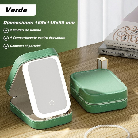 Portfard, Flippy, Geanta Cosmetice, cu Oglinda LED, 3 Moduri de Lumina, Incarcare USB, Baterie 1200 mAh, pentru Organizarea Cosmeticelor, 4 Compartimente, Imitatie Piele, Verde, 16.5x11.5x6 cm [2]