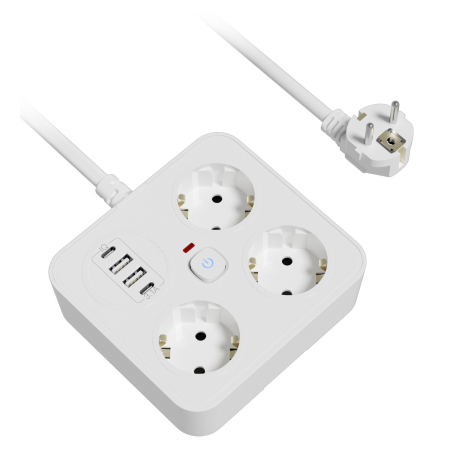Pentru Casa si Camping - Prelungitor Multifunctional pentru Birou, Flippy, 3 Prize, 2 USB-A, 2 TYPE-C, Suport pentru Telefon, 3250W, Lungime Cablu 2 m, 11.4 x 12.4 cm, Alb