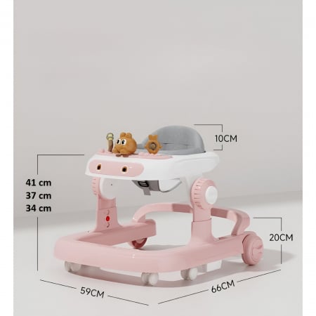 Premergator Multifunctional cu Roti Flippy, Model Iepuras, Inaltime Ajustabila, Tavita, Muzica, Lumini, 66x59x41 cm, Roz [5]