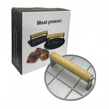 Pentru Casa si Camping - Presa Manuala pentru Carne, Flippy, din Aliaj de Aluminiu, Maner din Lemn, Presa pentru Burgeri, Usor de Curatat si Folosit, Rotunda, 16x16x6 cm, Gri