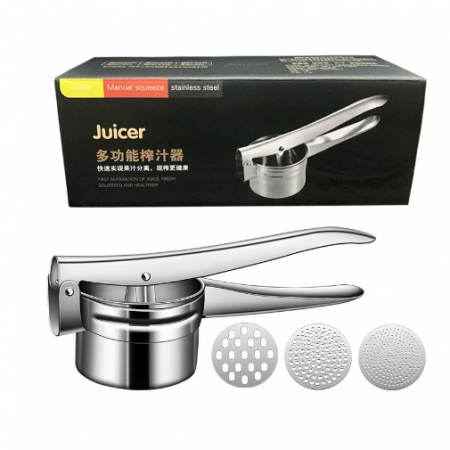 Pentru Casa si Camping - Presa Storcator pentru Fructe si Legume, Flippy, Zdrobitor Manual, Inox, 3 Discuri Interschimbabile, Usor de Stors si de Curatat, Ergonomic, 26.5 x 9.8 x 9.5 cm Argintiu