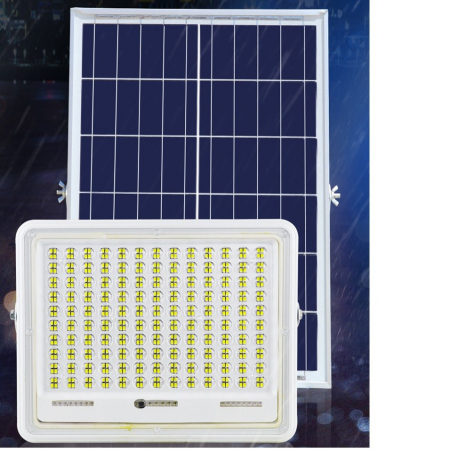 Proiector LED cu Panou Solar Flippy, Senzor de lumina Waterproof, 100W, 23x18 cm, suport U inclus, panou afisaj nivel baterie, telecomanda, 220V, Design Modern, Alb [2]