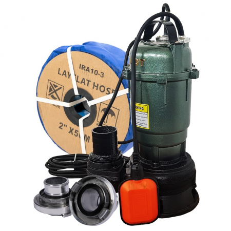 Pompe apa menajera cu si fara tocator - Pompa apa murdara din fonta si plutitor WQD-2000 W + 50 m Furtun pompieri 2" cu accesorii